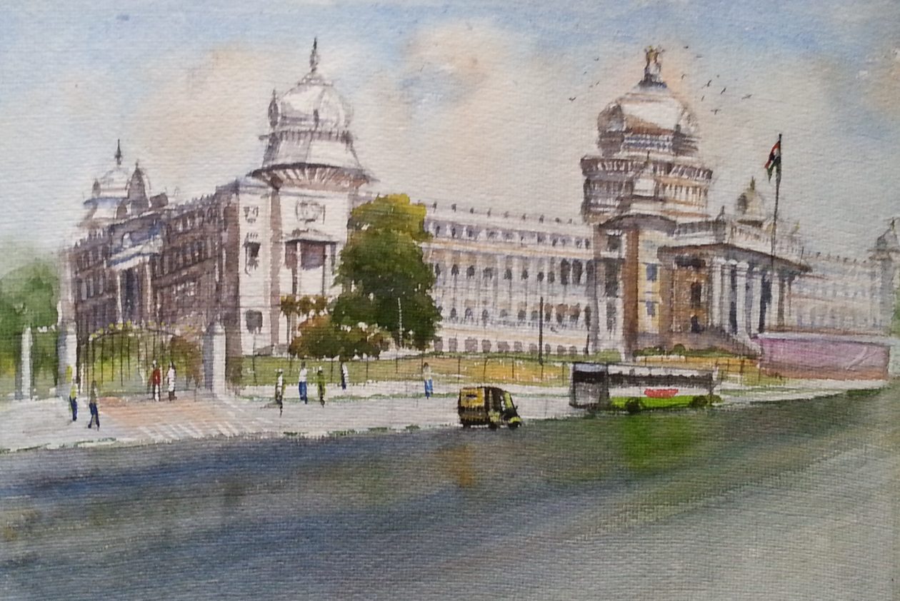 Watercolour of the Vidhana Soudha in Bengaluru, with an autorickshaw and a bus on the road in front